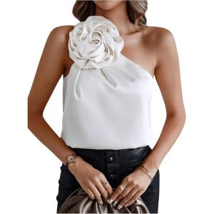 imageMakeMeChic Womens 3D Flower One Shoulder Sleeveless Blouses Shirt TopWhite