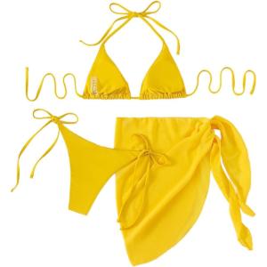 imageMakeMeChic Womens 3packs Triangle Bikini Swimsuit ampamp Beach SkirtYellow