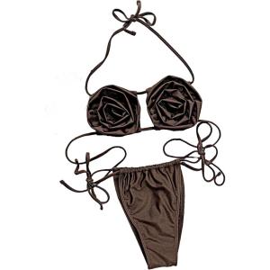 imageMakeMeChic Womens Bikini Sets 3D Floral Halter Cut Out Tie Back Beach Bathing SuitChocolate Brown