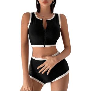 imageMakeMeChic Womens Bikini Sets Color Block Crew Neck Zip Front Summer Swimsuit Bathing SuitsBlack