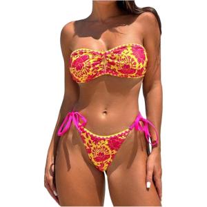 imageMakeMeChic Womens Bikini Sets Floral Print Bandeau Ruched Contrast Binding Tie Side SwimsuitMulticolor