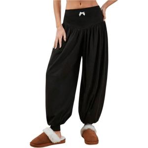 imageMakeMeChic Womens Bow Knot Elastic Waist Pants Loose Fit Plain Summer Baggy TrousersBlack