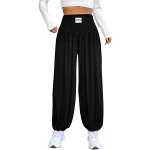 imageMakeMeChic Womens Bow Knot Elastic Waist Pants Loose Fit Plain Summer Baggy TrousersBlack B