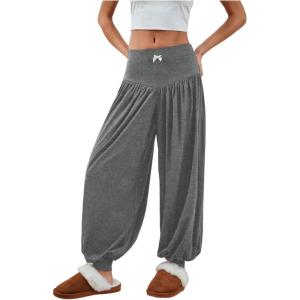 imageMakeMeChic Womens Bow Knot Elastic Waist Pants Loose Fit Plain Summer Baggy TrousersGrey