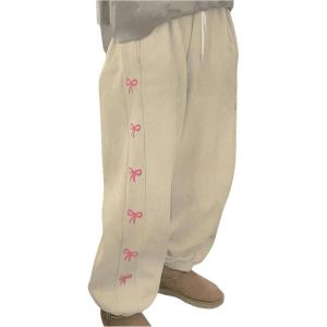 imageMakeMeChic Womens Bow Print Elastic Waist Drawstring Sweatpants Pocket Baggy Y2K Jogger PantsApricot