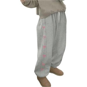 imageMakeMeChic Womens Bow Print Elastic Waist Drawstring Sweatpants Pocket Baggy Y2K Jogger PantsLight Grey