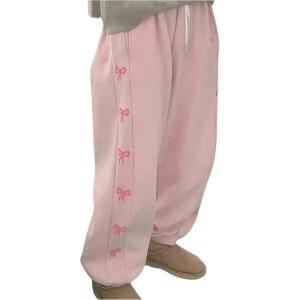 imageMakeMeChic Womens Bow Print Elastic Waist Drawstring Sweatpants Pocket Baggy Y2K Jogger PantsPink