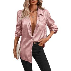 imageMakeMeChic Womens Button Down Shirt Long Sleeve Collared Pocket Work Blouse TopPink