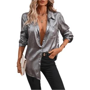 imageMakeMeChic Womens Button Down Shirt Long Sleeve Collared Pocket Work Blouse TopSilver