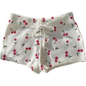 imageMakeMeChic Womens Crochet Knit Mini Shorts Micro Pajama Fuzzy ShortsCherry Print