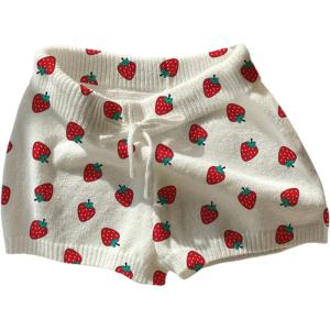 imageMakeMeChic Womens Crochet Knit Mini Shorts Micro Pajama Fuzzy ShortsStrawberry Print