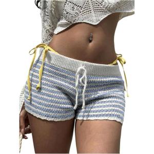 imageMakeMeChic Womens Crochet Knit Mini Shorts Micro Pajama Fuzzy ShortsStriped Blue