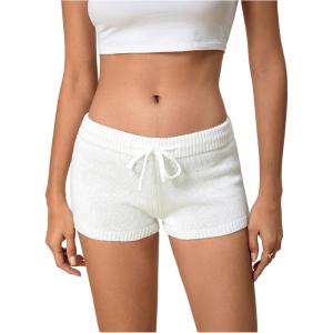 imageMakeMeChic Womens Crochet Knit Mini Shorts Micro Pajama Fuzzy ShortsWhite