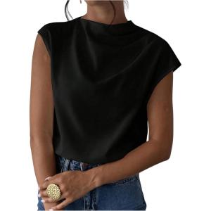 imageMakeMeChic Womens Draped Neck Tops Cap Sleeve Mock Neck Keyhole Work Shirt Summer BlouseBlack