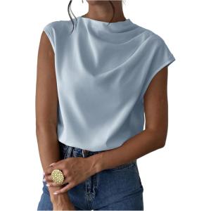 imageMakeMeChic Womens Draped Neck Tops Cap Sleeve Mock Neck Keyhole Work Shirt Summer BlouseBlue