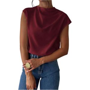 imageMakeMeChic Womens Draped Neck Tops Cap Sleeve Mock Neck Keyhole Work Shirt Summer BlouseBurgundy