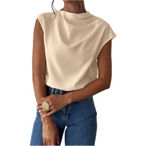 imageMakeMeChic Womens Draped Neck Tops Cap Sleeve Mock Neck Keyhole Work Shirt Summer BlouseKhaki