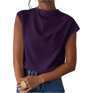imageMakeMeChic Womens Draped Neck Tops Cap Sleeve Mock Neck Keyhole Work Shirt Summer BlousePurple