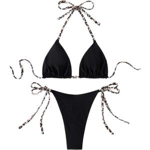 imageMakeMeChic Womens Halter Triangle Thong Bikini Sets High Cut Swimsuit Bathing Suit SwimwearBlack Leopard