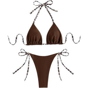 imageMakeMeChic Womens Halter Triangle Thong Bikini Sets High Cut Swimsuit Bathing Suit SwimwearBrown
