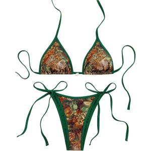 imageMakeMeChic Womens Halter Triangle Thong Bikini Sets High Cut Swimsuit Bathing Suit SwimwearLeopard Green Multi