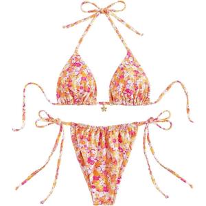 imageMakeMeChic Womens Halter Triangle Thong Bikini Sets High Cut Swimsuit Bathing Suit SwimwearOrange Flower
