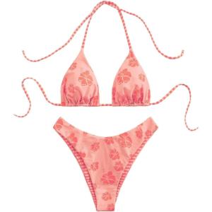 imageMakeMeChic Womens Halter Triangle Thong Bikini Sets High Cut Swimsuit Bathing Suit SwimwearOrange Pink