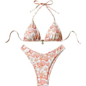 imageMakeMeChic Womens Halter Triangle Thong Bikini Sets High Cut Swimsuit Bathing Suit SwimwearOrange White
