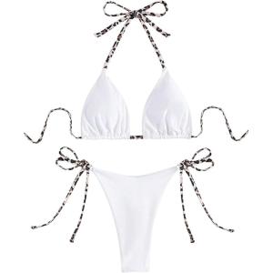 imageMakeMeChic Womens Halter Triangle Thong Bikini Sets High Cut Swimsuit Bathing Suit SwimwearPlain White