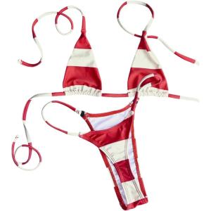 imageMakeMeChic Womens Halter Triangle Thong Bikini Sets High Cut Swimsuit Bathing Suit SwimwearRed and White