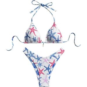 imageMakeMeChic Womens Halter Triangle Thong Bikini Sets High Cut Swimsuit Bathing Suit SwimwearStar Pink Blue