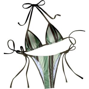 imageMakeMeChic Womens Halter Triangle Thong Bikini Sets High Cut Swimsuit Bathing Suit SwimwearStriped Army Green