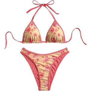imageMakeMeChic Womens Halter Triangle Thong Bikini Sets High Cut Swimsuit Bathing Suit SwimwearYellow Floral Orange