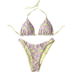 imageMakeMeChic Womens Halter Triangle Thong Bikini Sets High Cut Swimsuit Bathing Suit SwimwearYellow Floral Print