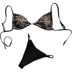 imageMakeMeChic Womens Leopard Print Bikini Set Spaghetti Strap Tie Back String Thong SwimsuitsBlack a