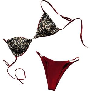 imageMakeMeChic Womens Leopard Print Bikini Set Spaghetti Strap Tie Back String Thong SwimsuitsMulticolor