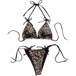 imageMakeMeChic Womens Leopard Print Bikini Sets Halter Triangle Tie Back Thong Bathing SuitBlack
