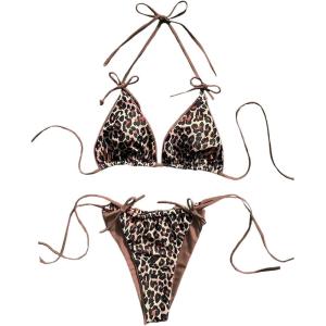 imageMakeMeChic Womens Leopard Print Bikini Sets Halter Triangle Tie Back Thong Bathing SuitBrown