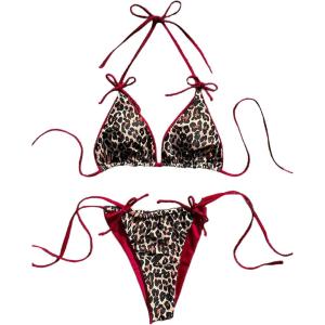 imageMakeMeChic Womens Leopard Print Bikini Sets Halter Triangle Tie Back Thong Bathing SuitMulticolor