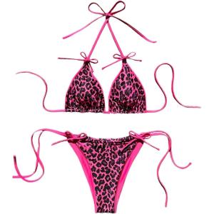 imageMakeMeChic Womens Leopard Print Bikini Sets Halter Triangle Tie Back Thong Bathing SuitPink