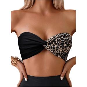 imageMakeMeChic Womens Leopard Print Bikini Top Bandeau Twist Front Summer Bathing Suit Swim TopsBlack