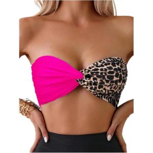 imageMakeMeChic Womens Leopard Print Bikini Top Bandeau Twist Front Summer Bathing Suit Swim TopsHot Pink