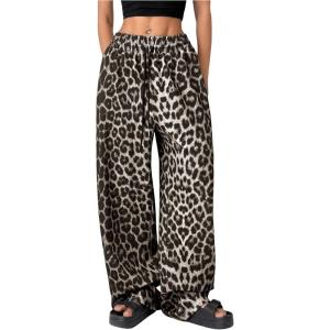 imageMakeMeChic Womens Leopard Print Pants Cheetah Sweatpants Drawstring Waist Wide Leg Baggy Jogger PantsApricot