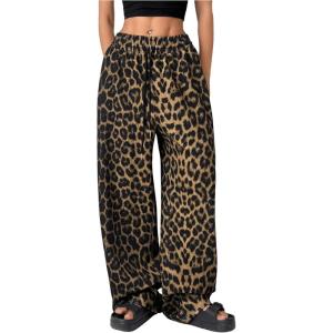 imageMakeMeChic Womens Leopard Print Pants Cheetah Sweatpants Drawstring Waist Wide Leg Baggy Jogger PantsBrown