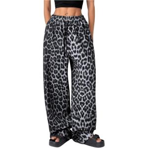 imageMakeMeChic Womens Leopard Print Pants Cheetah Sweatpants Drawstring Waist Wide Leg Baggy Jogger PantsGrey