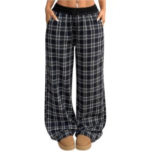 imageMakeMeChic Womens Leopard Print Pants Cheetah Sweatpants Drawstring Waist Wide Leg Baggy Jogger PantsPlaid Black