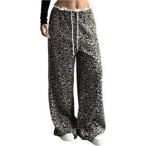 imageMakeMeChic Womens Leopard Print Pants Lettuce Trim Drawstring Waist Wide Leg Baggy Streetwear Long TrousersMulticolor