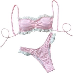 imageMakeMeChic Womens Plaid Gingham Bikini Set Spaghetti Strap Ruched Backless Ruffle Bathing SuitPink