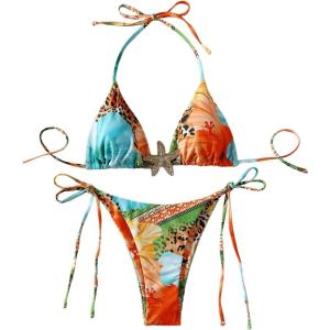 imageMakeMeChic Womens Printed 2 Piece Swimsuit Halter Triangle Bikini Set Tie Side Thong Bathing SuitBlue Multi