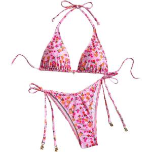 imageMakeMeChic Womens Printed 2 Piece Swimsuit Halter Triangle Bikini Set Tie Side Thong Bathing SuitFloral Pink